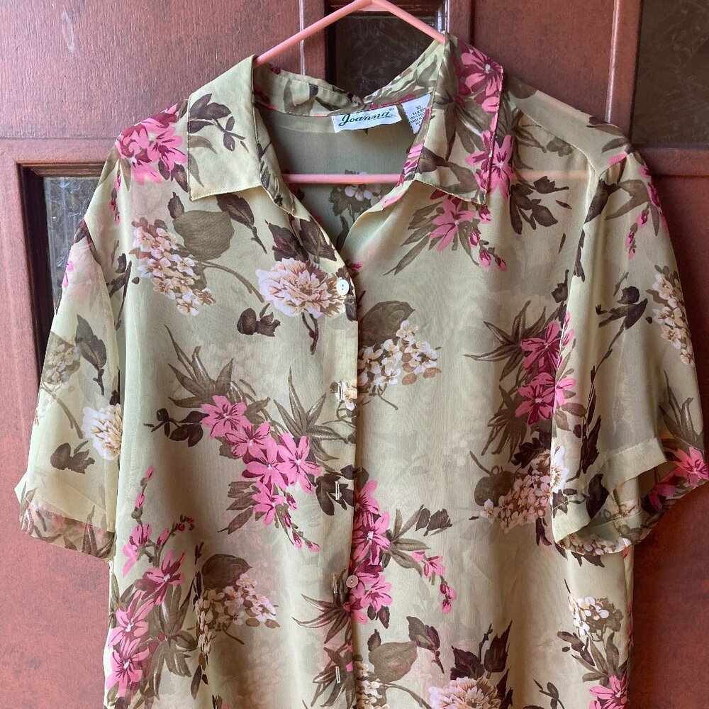Sheer floral print ladies button down shirt- XL